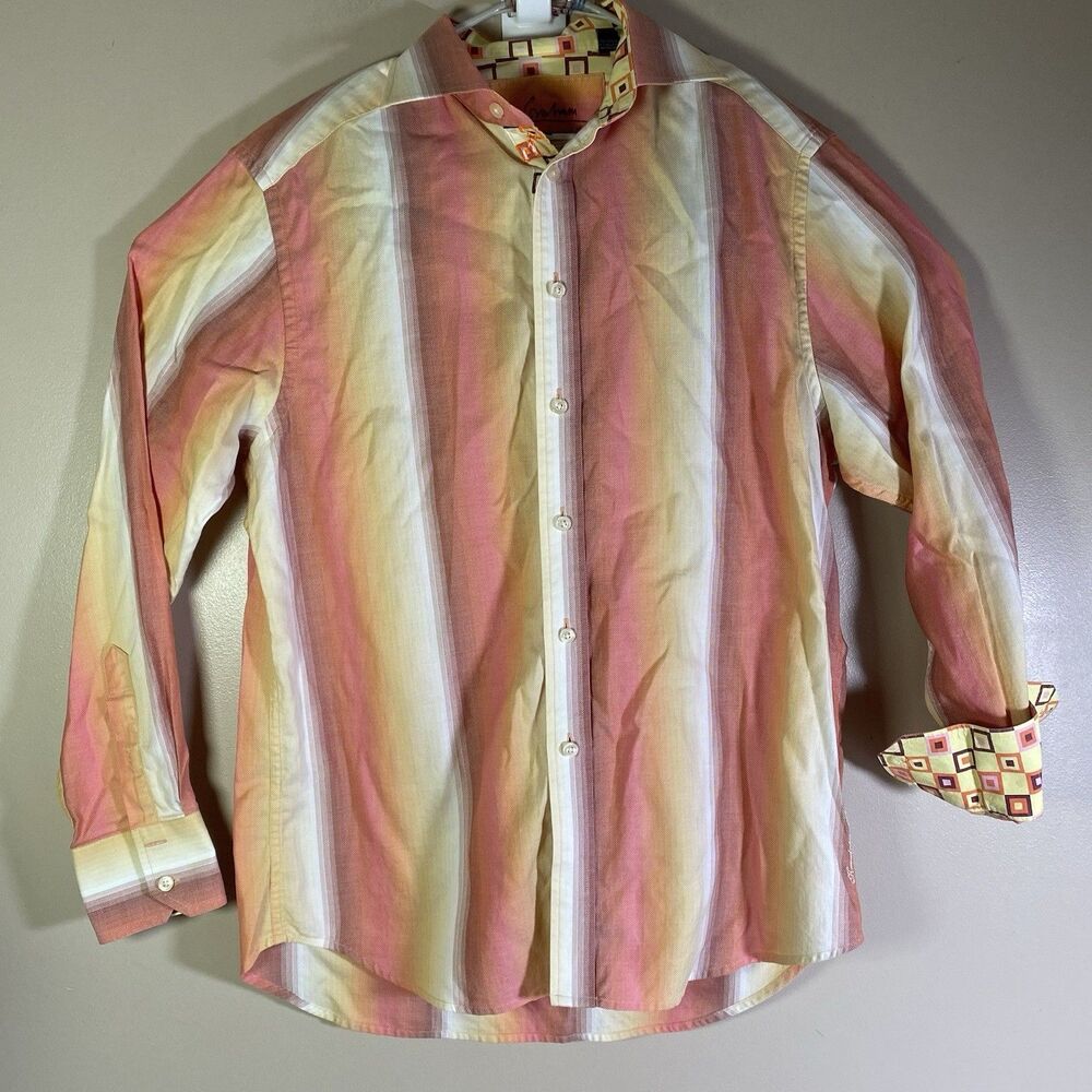 Robert Graham Shirt Mens Large Pink Yellow Orange Stripe Flip Cuff Contrast